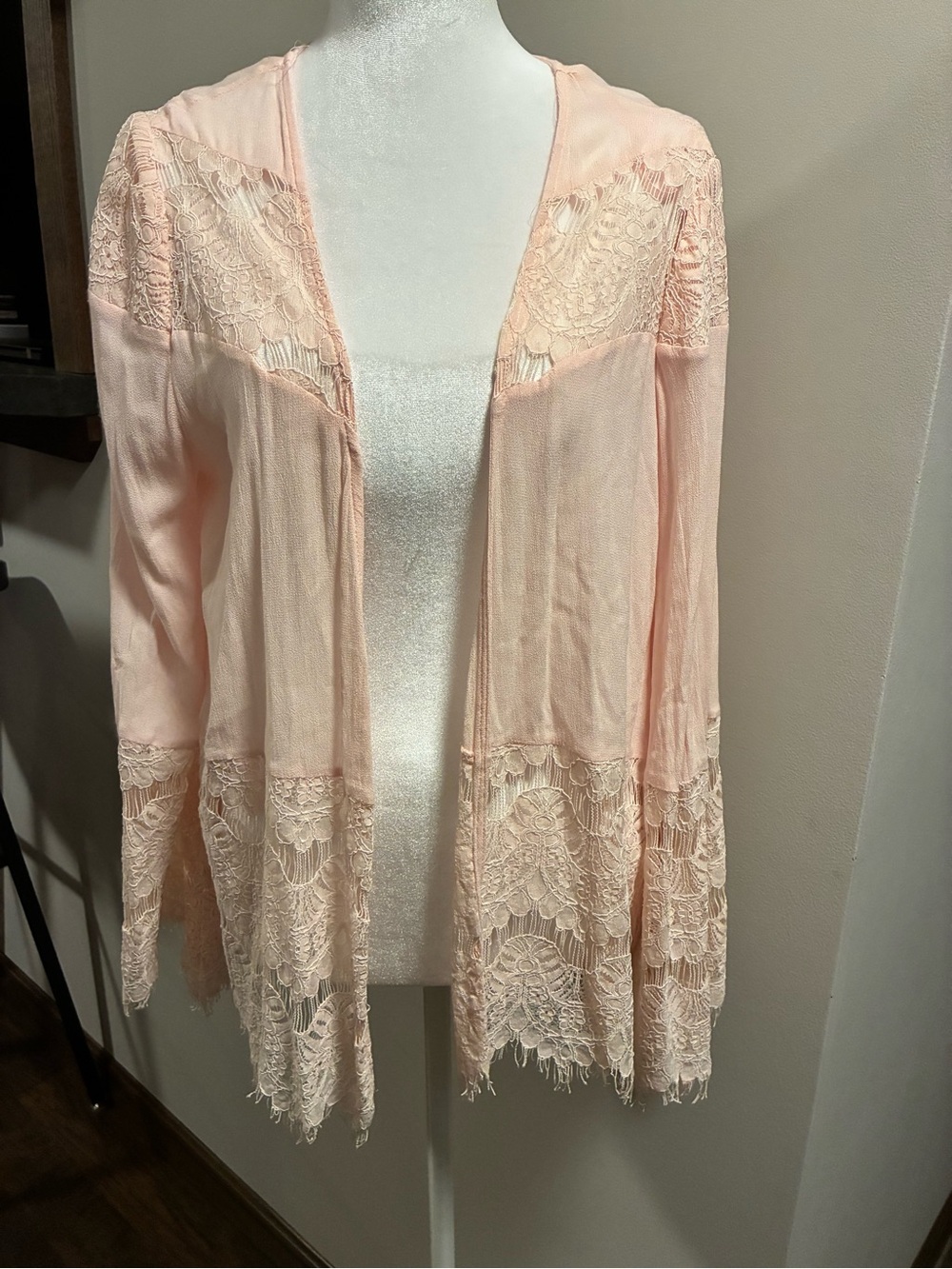 Lace-Trim pink Open-Front cardigan
